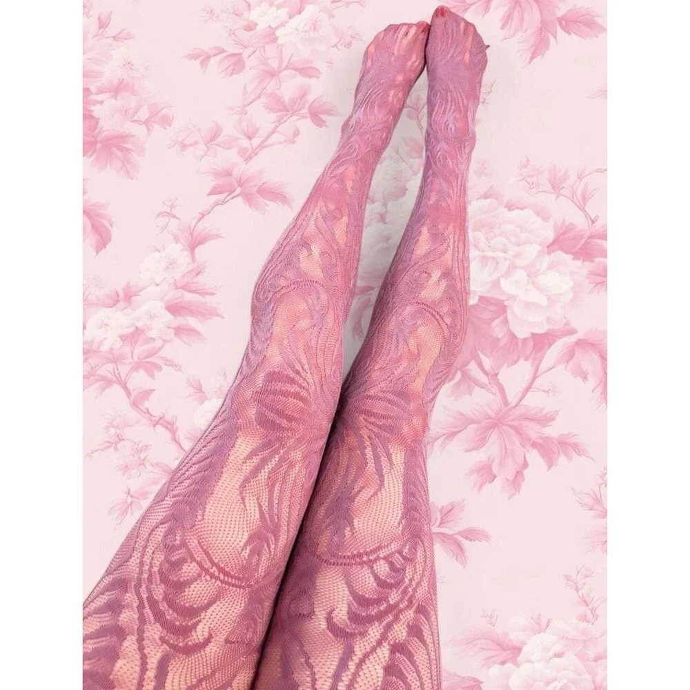 Pink & Lilac reversible lace over the waist legging stockings accents